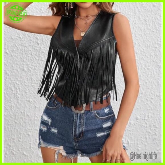 Western Fringe Vest Sleeveless Cropped Cardigan Faux Leather Boho - Picture 3 of 5